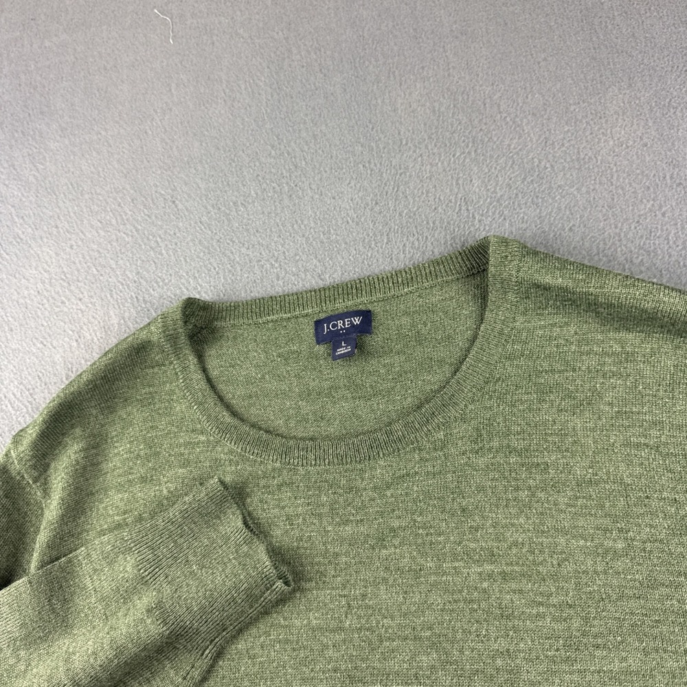J Crew Sweater Men's L Green Merino Wool Blend Crewneck Pullover Minimal Casual
